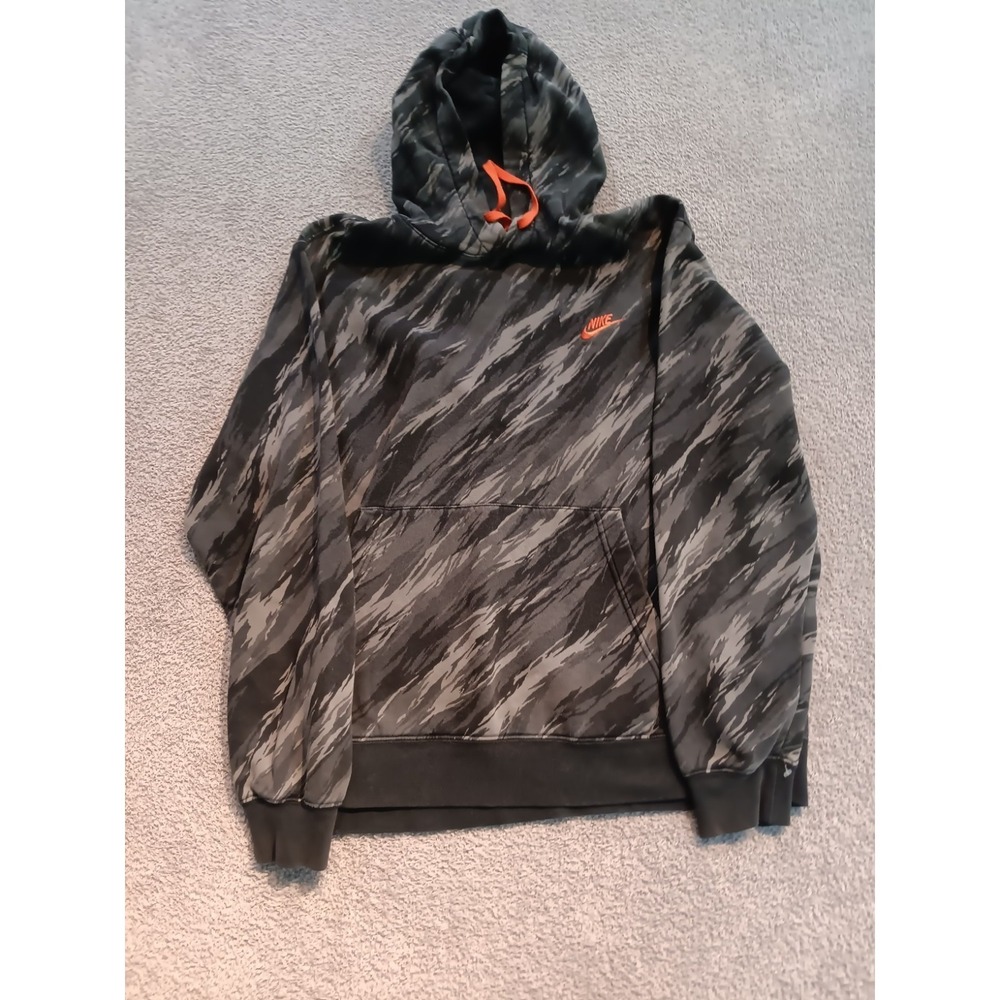 Nike Club Fleece Hoodie Men L‎ Gray/Black Camo Pullover Orange Swoosh Kangaroo